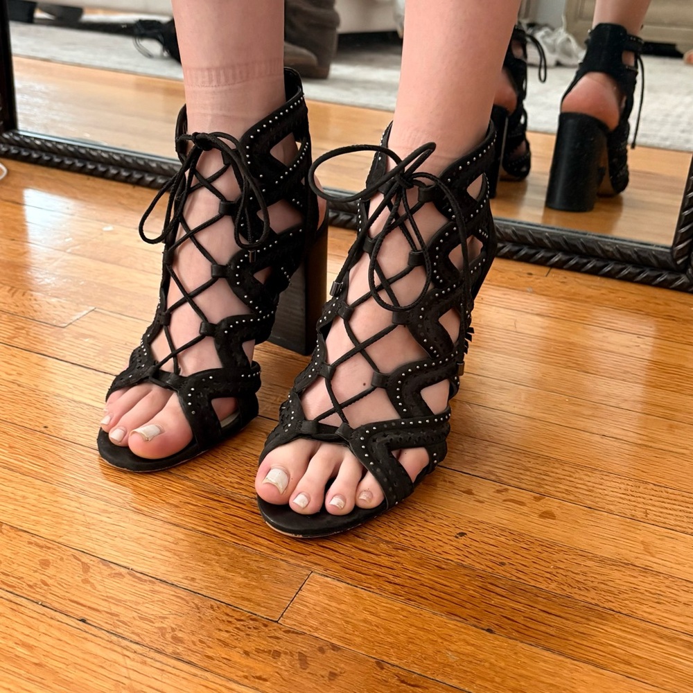1. State Black Leather Studded Lace-Up Heels